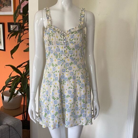 Zara Ivory Yellow Blue Floral Smocked Ruffle Printed Satin Mini Dress Size M - Picture 2 of 11